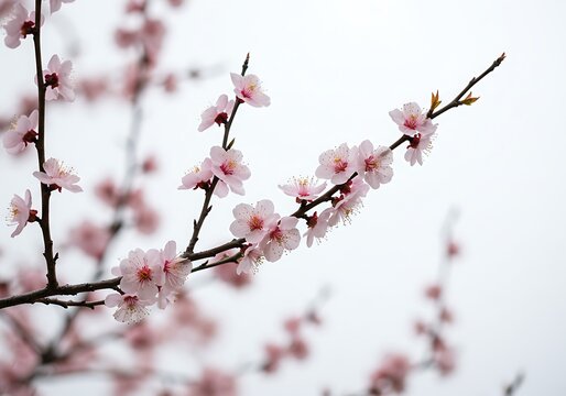 Delicate pink blossoms on tree branches against a soft background.