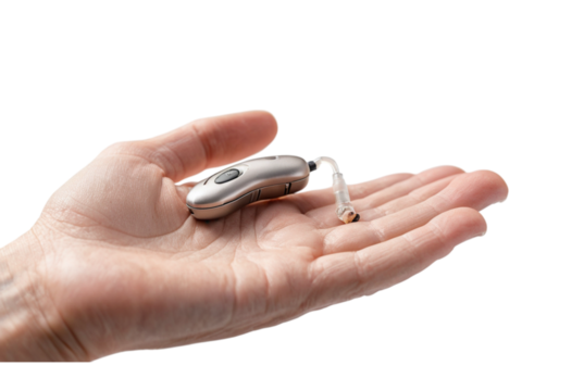 Mini Digital Hearing Aid A small silver hearing solution