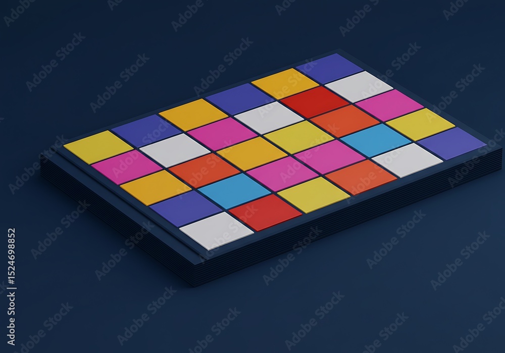 Poster colorful square grid pattern on a dark background.