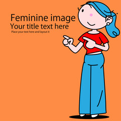 可愛い女性のちびキャラが指差しのポーズ