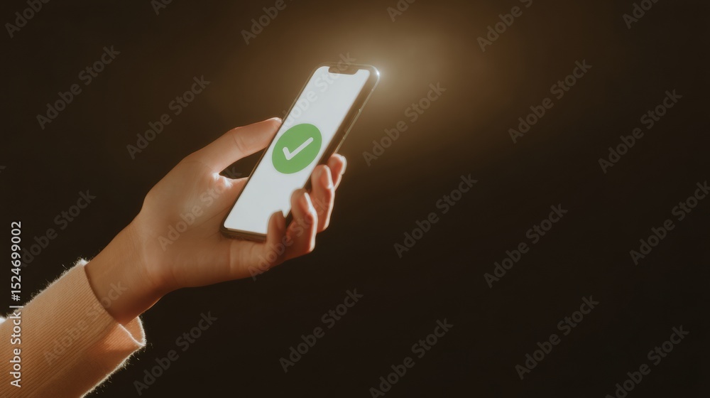 Poster Modern Mobile Booking Confirmation with Green Checkmark on Smartphone Screen, Symbolizing Successful Digital Verification and User Satisfaction