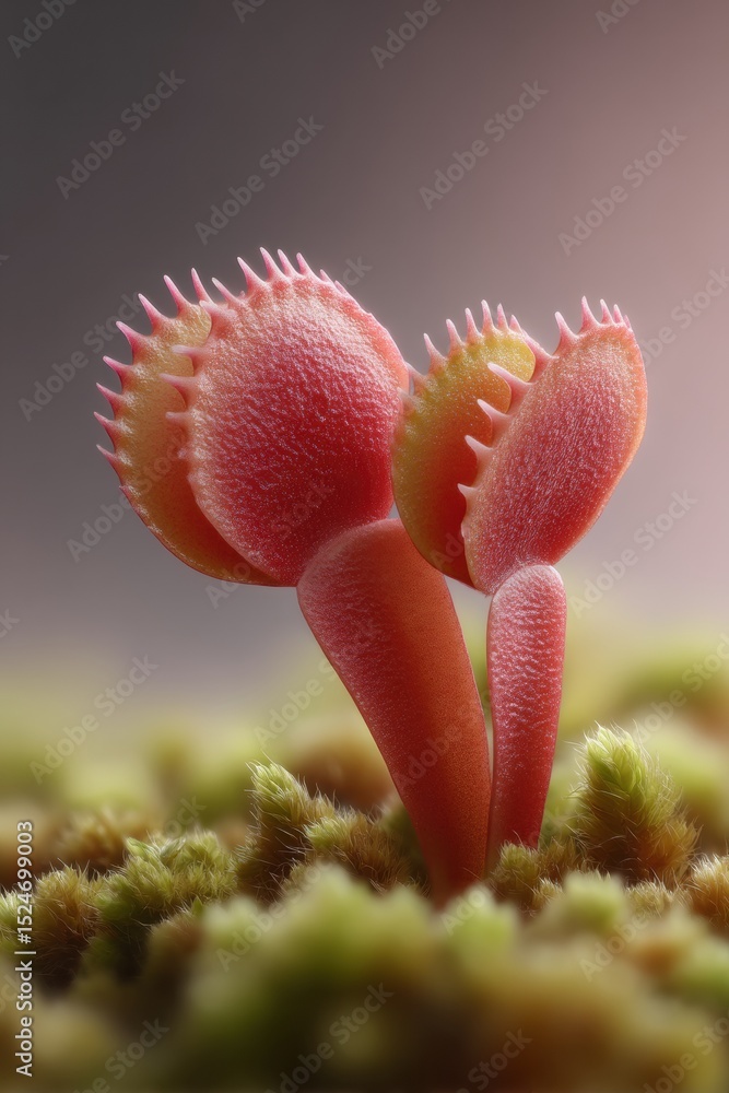 Aufkleber Close-up of Red Venus Flytrap with Textured Traps and Trigger Hairs on Moss Highlighting Natural Predatory Adaptation and Botanical Innovation