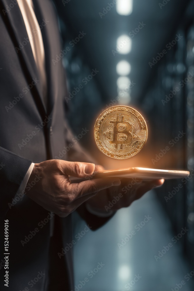 Poster Businessman in Data Center Holding Tablet with Holographic Bitcoin Projection Representing Blockchain Finance and Secure Digital Transactions