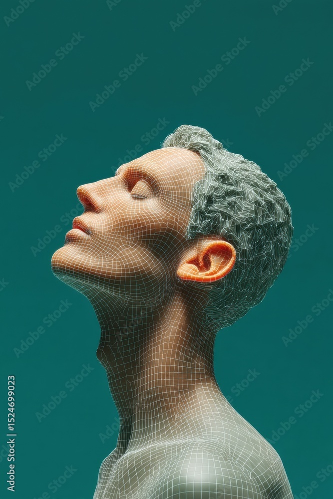 Poster Biometric Facial Recognition Wireframe Overlay on Human Face with Deepfake Warning in Moody Digital Cybersecurity Concept