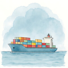 Vibrant Clipart of Boat Watercolor Container Ship Illustration