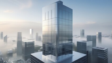 D cityscape architecture render, sleek office tower with clean glass surfaces and modern corporate look and symmetry 