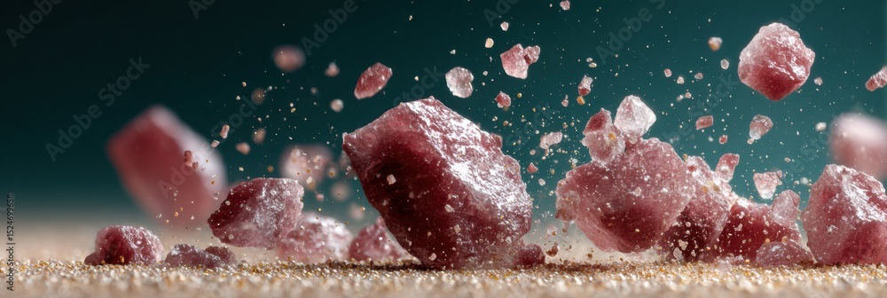 Poster dynamic ice pellets breaking mid-air during intense hailstorm with crystalline fragments in atmosphe