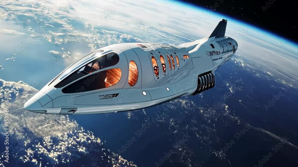 Aufkleber futuristic spaceship exploring the vastness of earth's orbit amidst swirling clouds, futuristic spac