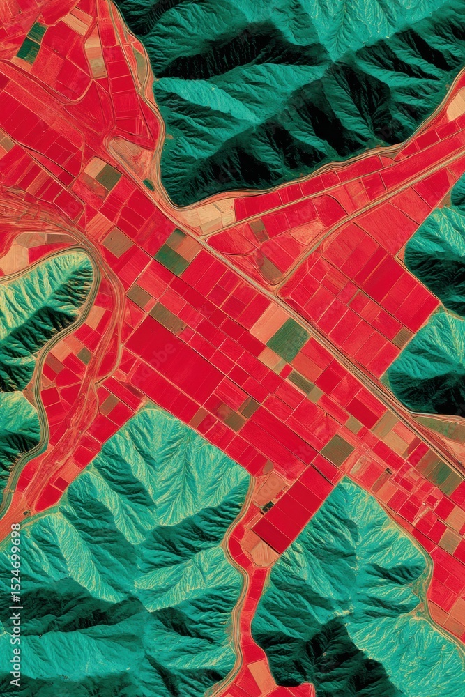 Aufkleber Satellite Geospatial Analysis with Remote Sensing Overlays and Terrain Mapping for Environmental Monitoring and Sustainable Earth Observation Technology