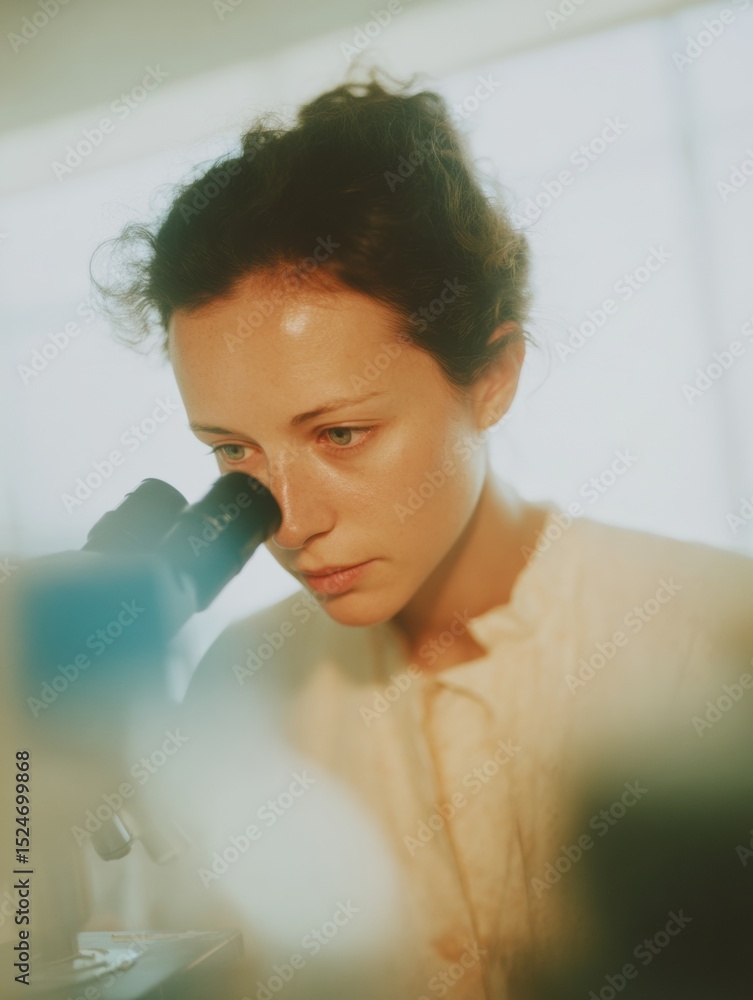 Poster focused female citizen scientist examining specimen through advanced microscope in bright laboratory