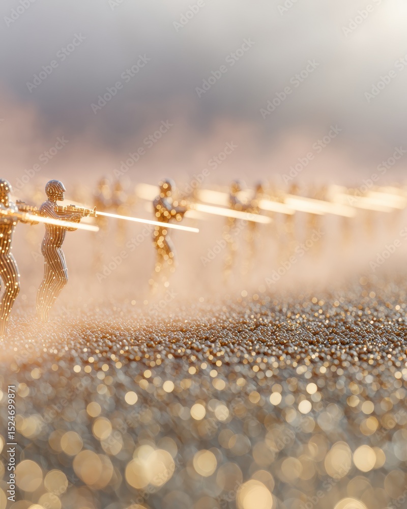 Poster digital soldiers of battlefield ai marching in strategic formation on reflective circuit surface wit