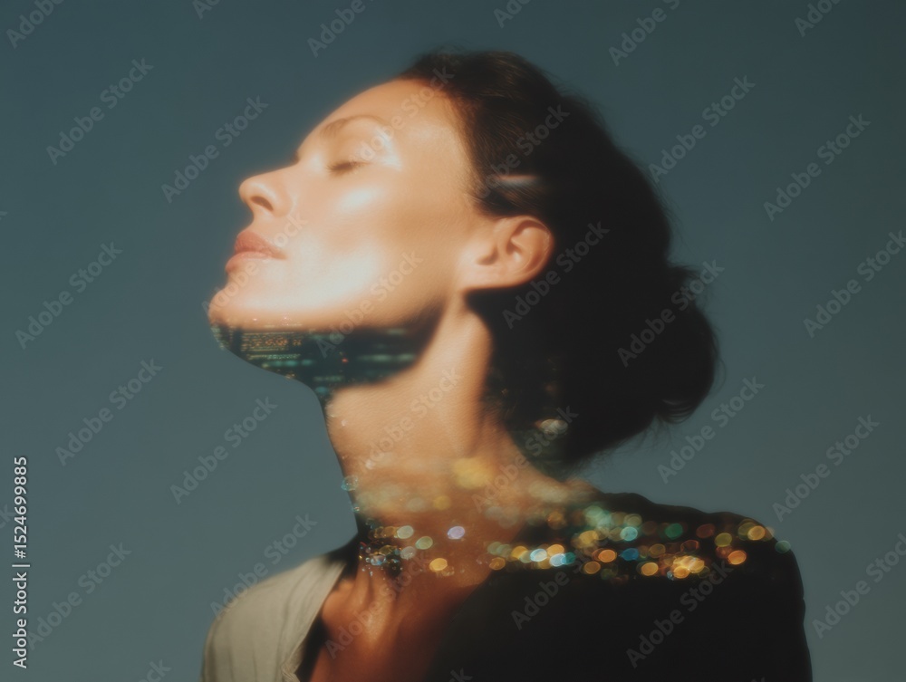 Poster Futuristic double exposure profile of professional woman with cityscape overlay symbolizing artificial intelligence and cognitive data integration in business innovation
