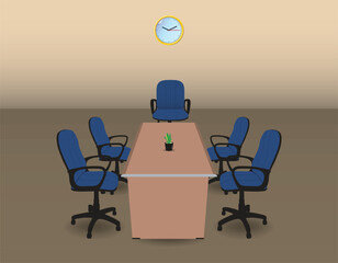 Modern conference room interior with five ergonomic office chairs, wooden table, wall clock, and a small potted plant.