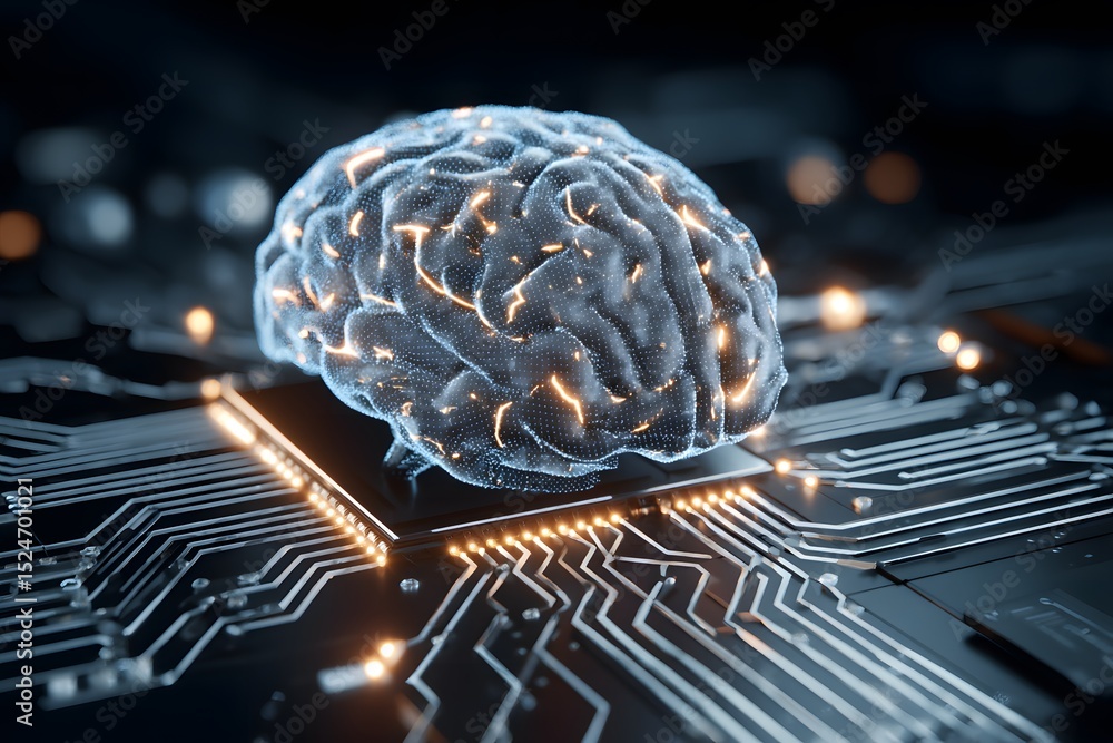 Poster a digital brain with illuminated neural pathways integrated into a circuit board.