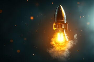 Obraz premium A glowing lightbulb takes off like a rocket, A luminous lightbulb shoots upward like a rocket