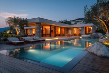 Fototapeta premium Modern villa with wooden deck and pool at dusk embodying tranquil outdoor living.