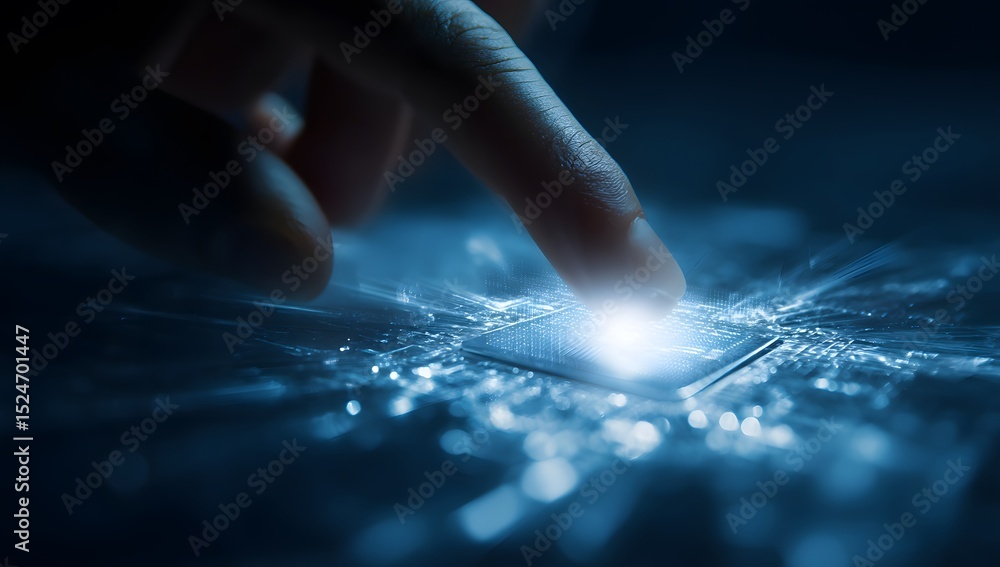 Aufkleber finger interacting with a glowing microchip in a dark setting