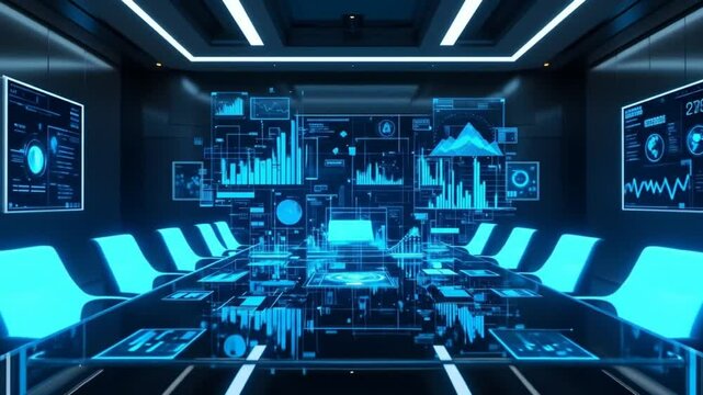 High-tech boardroom features interactive holographic displays presenting financial graphs charts and data analytics for effective business meetings.. Clean delivery – no audio, full creative freedom

 - Powered by Adobe