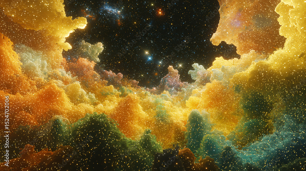 Poster enigmatic nebula with a star cluster creating a cosmic landscape of color and wonder in space.