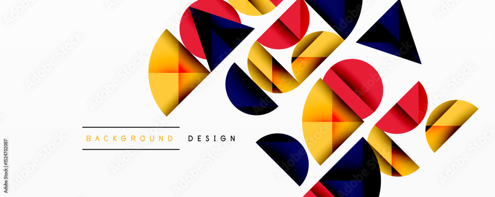 Poster Abstract geometric shapes overlap, creating dynamic composition. Colors include red, yellow, navy, gold. Minimalist design for backgrounds.