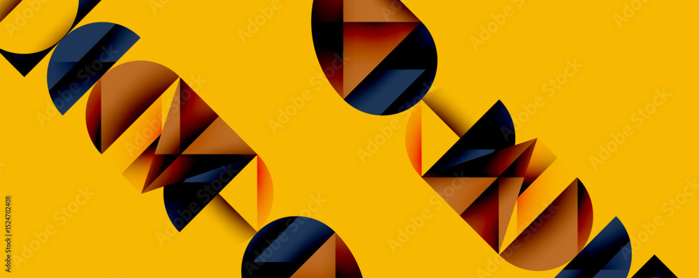 Aufkleber Abstract geometric shapes overlap, creating dynamic composition. Warm tones dominate bright yellow background. Minimalist design.