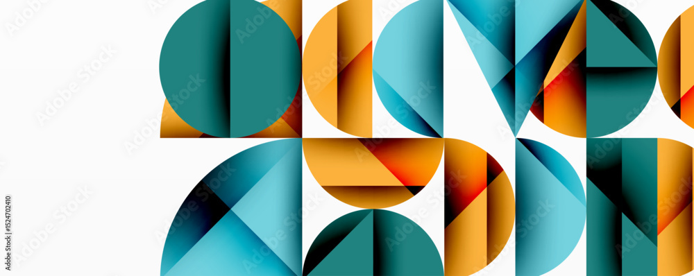 Poster abstract geometric shapes overlap, creating colorful patterns. teal, orange dominate composition. mo
