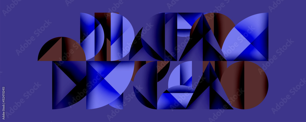 Poster abstract geometric shapes overlap, creating complex visual texture. blue, brown hues dominate purple