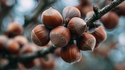 Ripe hazelnuts growing on branch, Natural hazelnuts on tree closeup, Agricultural or organic food production concept