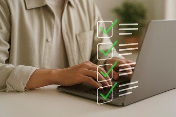Person Completing Online Checklist or Survey on Laptop with Green Checkmarks, Task Completion and Productivity Concept