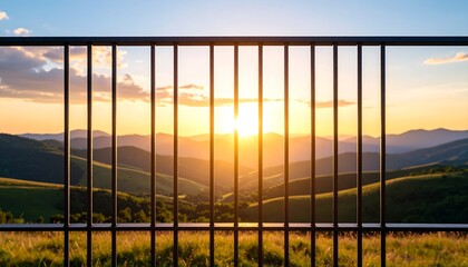 Clean Design of Prison Bars Opening to Bright Sunrise Over Peaceful Hills