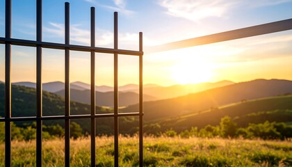 Fototapeta premium Symbolic Liberation with Prison Bars Parting to Reveal Sunrise Over Rolling Hills