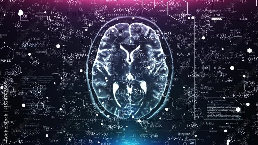Poster brain scan with chemical formulas overlay