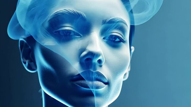 Digital sculpture of a woman's face with flowing blue features against a smooth blue background, Digital sculpture on a blue background Woman face Blue white color 3D render