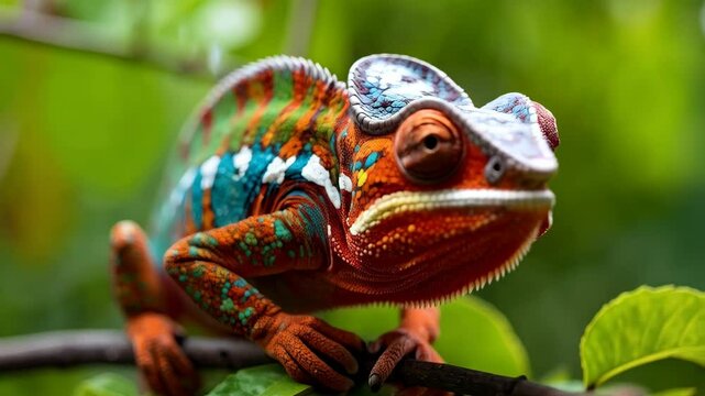 Close-up of vibrant panther chameleon clinging to a small branch amongst lush green foliage in its natural habitat