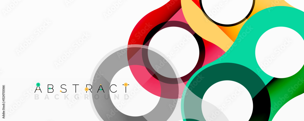 Poster Colorful overlapping circles create modern abstract design. Bright hues blend, forming dynamic visual composition. Simple, clean aesthetic.