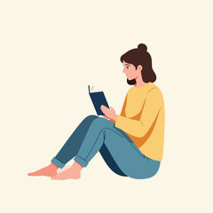 Flat character of woman reading peacefully while sitting on floor