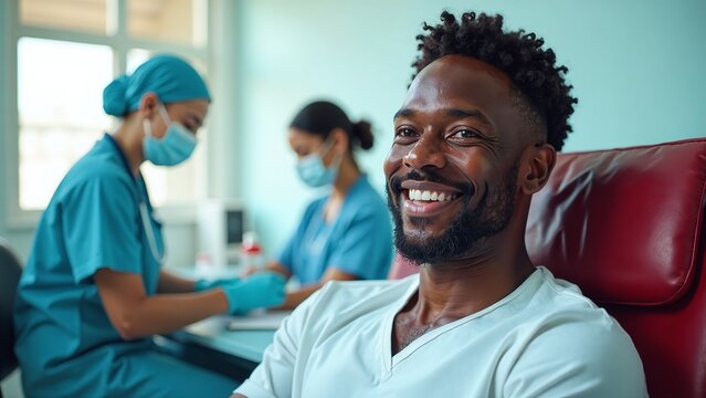 Happy African American man blood donor clinic smiling positive health care medical professional ethical donation altruism compassionate sterile environment