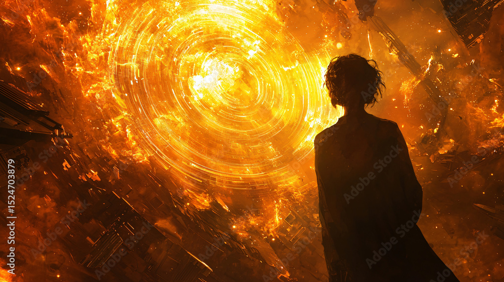 Poster man standing confidently in front of a large fire emitting heat and light into the surrounding area.
