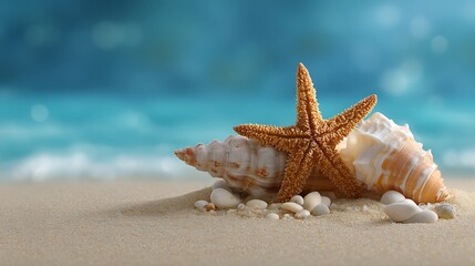 Sea shells and starfish on the beach