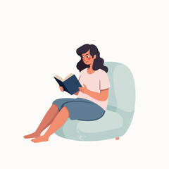 Flat illustration of girl relaxing while reading book in bean bag