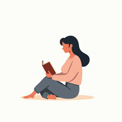 Flat Vector Girl Reading a Book While Sitting Cross-Legged