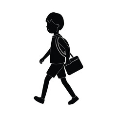 Boy walking with school bag silhouette on white background simple flat vector