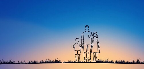 Single line drawing of a family silhouette, representing veterans and their legacy,  design,  patriotism