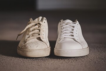 A dirty white sneaker and a clean white sneaker, A dirty white sneaker next to a clean white sneaker