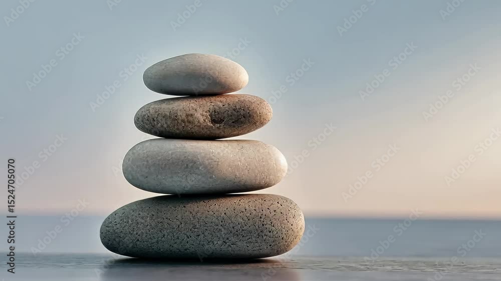 Poster stacking smooth stones in a calm minimalist setting emphasizes tranquility and balance at sunset, st