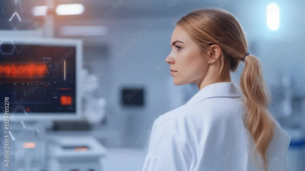 Poster a scientist's vigil: a focused scientist gazes intently towards the forefront, a dedication in a mod