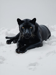 A sleek black panther lounging elegantly amidst endless whiteness, powerful presence maintained despite simplicity