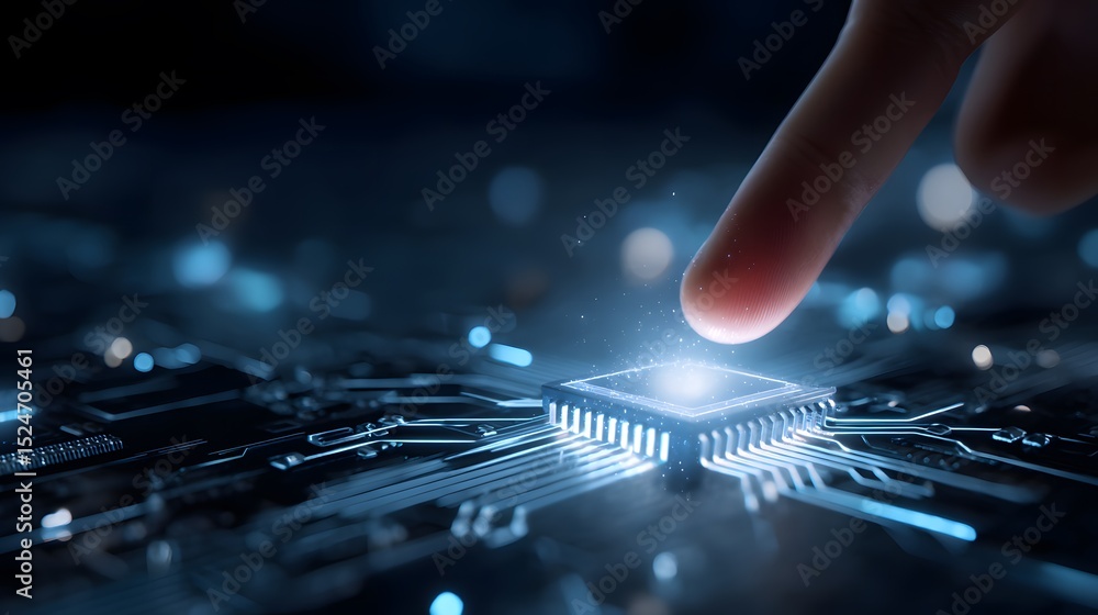 Poster finger interacting with a glowing microchip on a circuit board