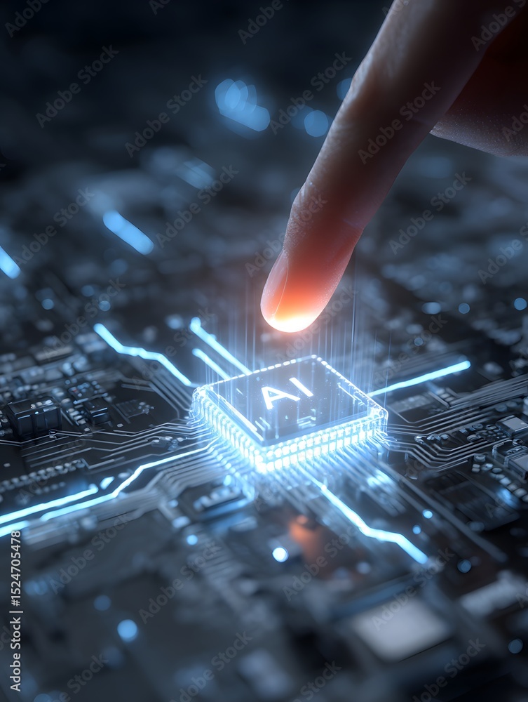 Poster finger interacting with an illuminated ai chip on a circuit board