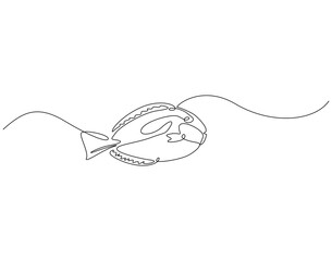 Obraz premium Continuous line drawing of blue tang fish. Single line illustration of surgeonfish animal. Underwater concept. Editable outline